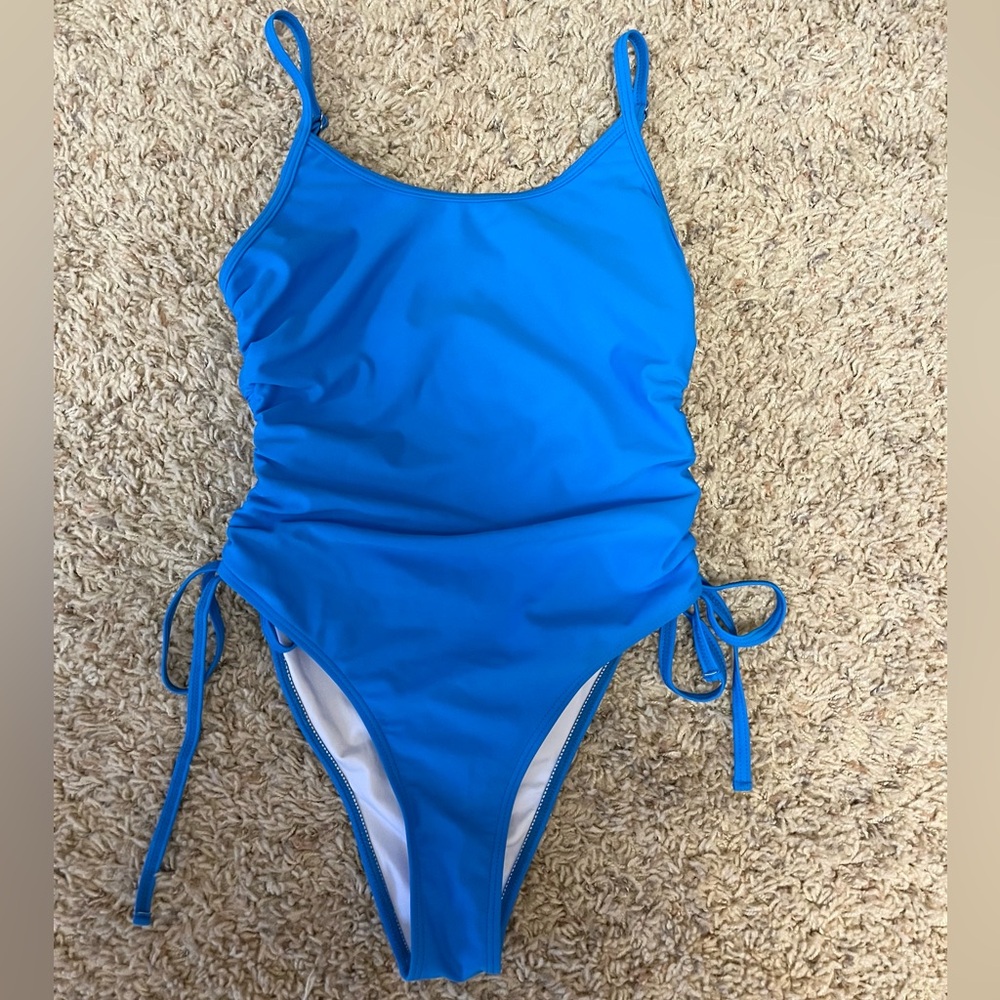 Blue one piece swimsuit high cut leg size small